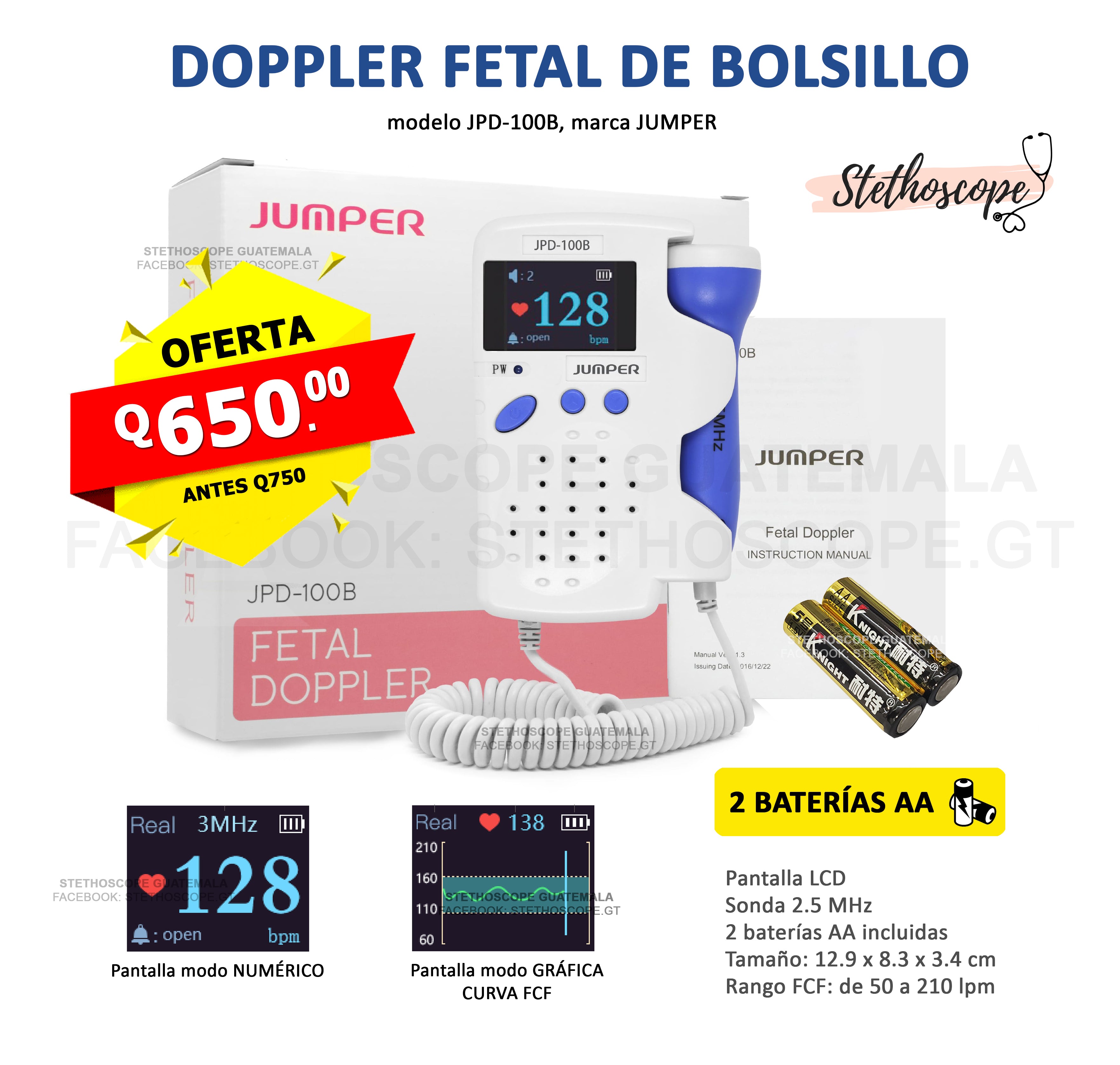 Doppler fetal portátil con pantalla LCD azul, 2.5 Mhz., marca Jumper,  JUM-JPD-100B