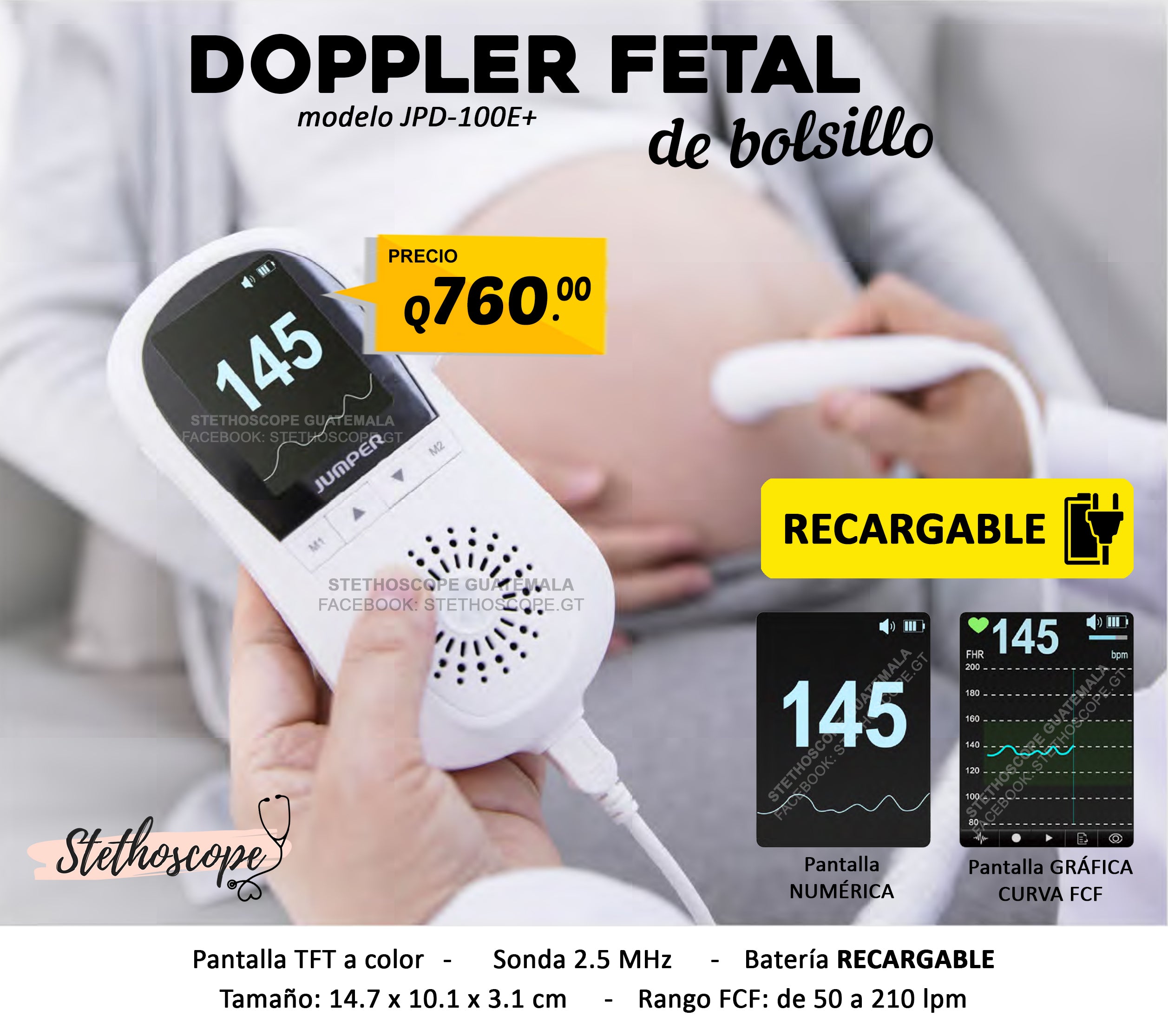 Doppler Fetal Jumper JPD 100B Recargable Escucha Siente a Tu BEBE! •  Equipamientos Médicos