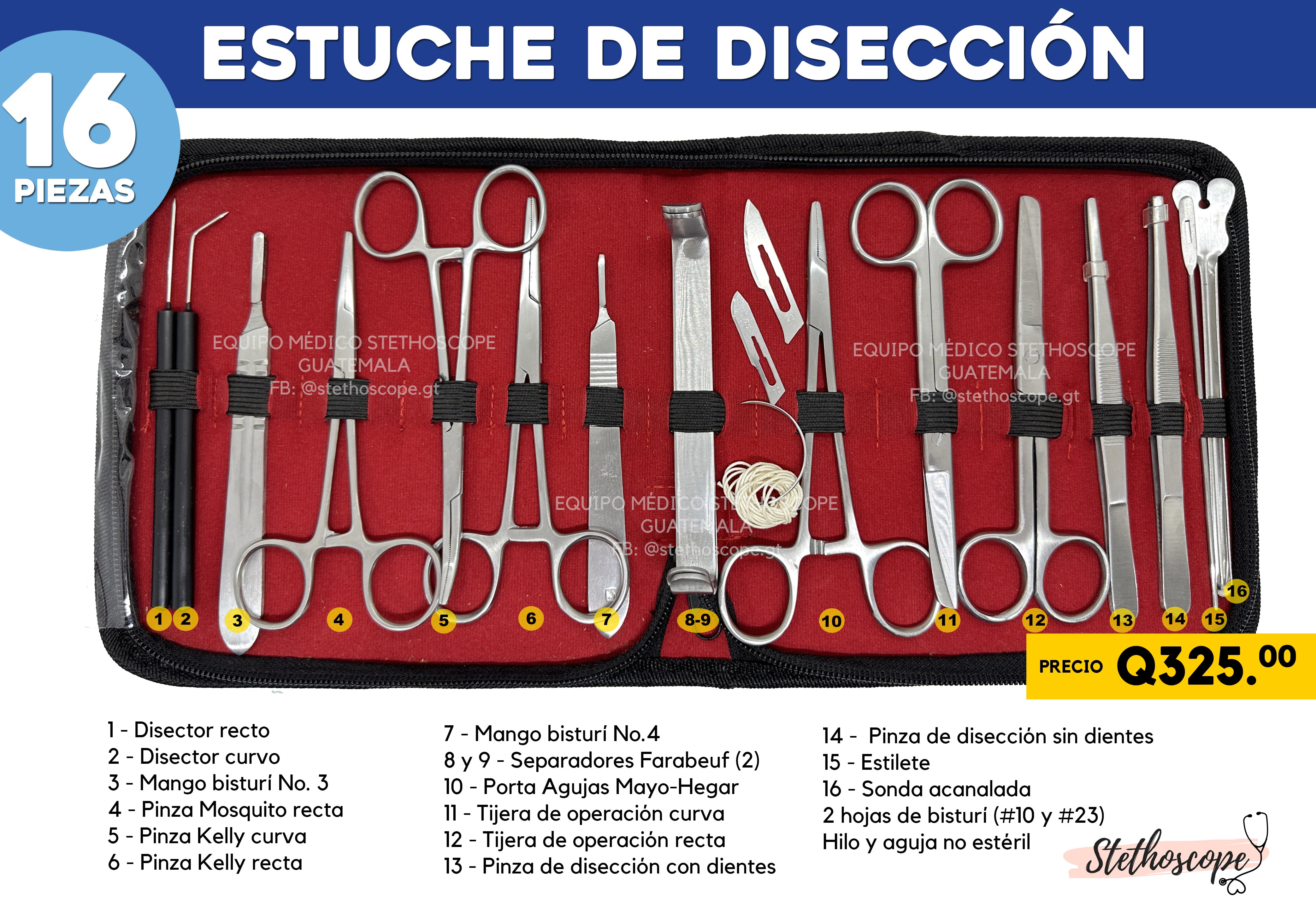 El kit de herramientas de sutura incluye: tijeras, pinzas Adson,  destornillador de aguja, pinzas para mosquitos, mango de bisturí; kit  completo de